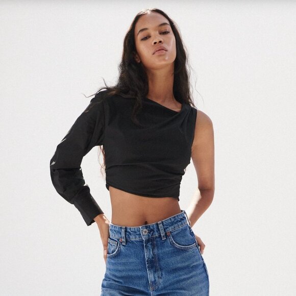 ZARA DRAPED ONE SHOULDER POPLIN TOP SIZE M - Picture 1 of 4